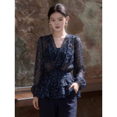 批发法式复古藏青色V领碎花雪纺衫女2026夏季薄款宽松显瘦长袖<b class='q'>防晒衣</b>