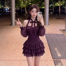批发千金风辣妹紫色性感系带挂脖<b class='q'>连衣裙</b>女长袖收腰蛋糕短裙气质<b class='q'>小礼服</b>