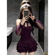 批发千金风辣妹紫色性感系带挂脖<b class='q'>连衣裙</b>女长袖收腰蛋糕短裙气质<b class='q'>小礼服</b>