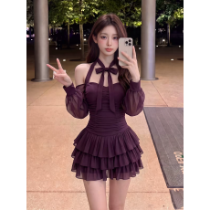 批发千金风辣妹紫色性感系带挂脖<b class='q'>连衣裙</b>女长袖收腰蛋糕短裙气质<b class='q'>小礼服</b>