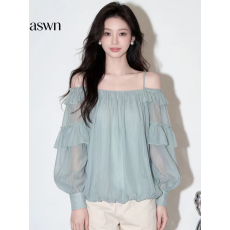 批发法式<b class='q'>一字肩</b>荷叶边衬衫女夏季新款小众设计感长袖雪纺宽松蓝色<b class='q'>上衣</b>