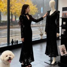 批发法式复古蕾丝V领长袖连衣裙女2026秋<b class='q'>冬</b>新款收腰修身显瘦气质长裙