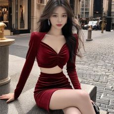 批发法式轻奢风名媛气质红色<b class='q'>丝绒</b>礼服<b class='q'>套装</b>秋季2025新款女装