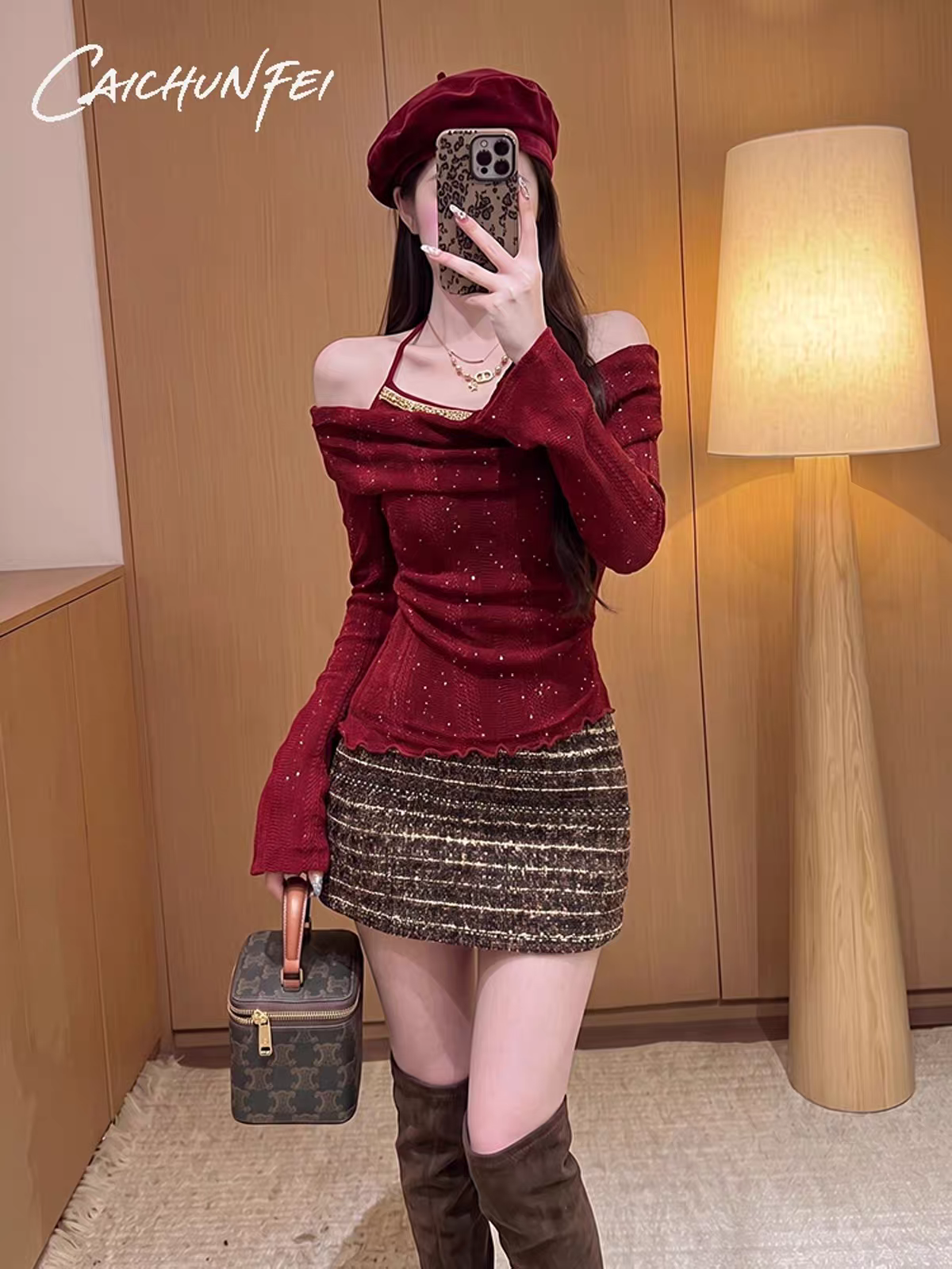 纯欲风红色荡领假两件长袖针织衫女秋冬性感挂脖修身显瘦打底上衣  服裝批發女裝批發服飾貨源