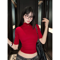 批发美式辣妹风红色五分袖<b class='q'>T</b><b class='q'>恤</b>女2026秋季新款修身显瘦收腰<b class='q'>紧身</b>上衣潮