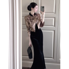 批发新中式国风复古老钱风短外套女春秋新款气质<b class='q'>丝绒</b>吊带<b class='q'>连衣裙</b>两件套