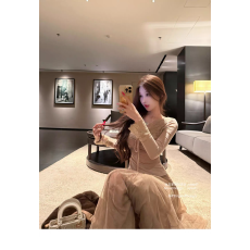 批发咖色蕾丝v领超好看的长袖t恤内搭打底衫女秋季系带修身紧纯欲上衣