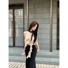 批发法式温柔风荷叶边无袖挂脖背心<b class='q'>女</b>夏季<b class='q'>新款</b>高级感撞色绑带露肩上衣