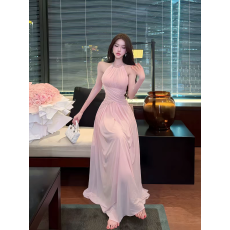 批发法式温柔风无袖网纱挂脖连衣裙女2026新款夏修身显瘦性感露背<b class='q'>长裙</b>