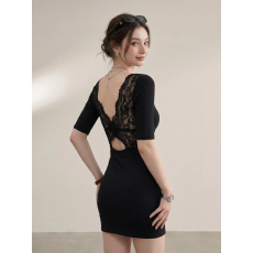批发性感纯欲辣妹风黑色蕾丝拼接露背<b class='q'>连衣裙</b>女夏季修身收腰包臀短裙子