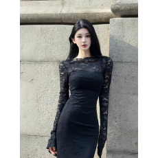 批发法式白色长袖蕾丝<b class='q'>连衣裙</b>女早秋高级感收腰显瘦气质包臀鱼尾长裙子