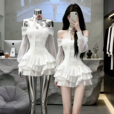 批发法式公主风一字肩荷叶边<b class='q'>连衣裙</b>女秋冬新款宴会礼服千金蛋糕蓬蓬裙