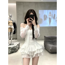 批发法式公主风一字肩荷叶边<b class='q'>连衣裙</b>女秋冬新款宴会礼服千金蛋糕蓬蓬裙