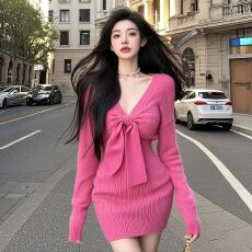 批发法式慵懒风条纹软糯针织<b class='q'>连衣裙</b>女2026秋冬新款设计感收腰包臀短裙