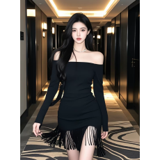 批发轻熟风黑色流苏连衣裙女2026秋冬新款辣妹<b class='q'>修身</b>显瘦长袖气质包臀裙