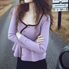 批发秋季小众不撞款上衣独特别致绝美高级感超好看温柔紫色针织开衫女