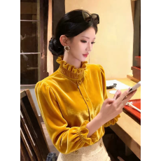 批发独特别致姜黄色丝绒上衣<b class='q'>女装</b>2026冬季轻奢高级感时髦洋气内搭衬衣