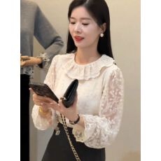 批发法式甜美风蕾丝衬衫女高级感轻奢减龄洋气<b class='q'>白色</b>荷叶边灯笼袖上衣女