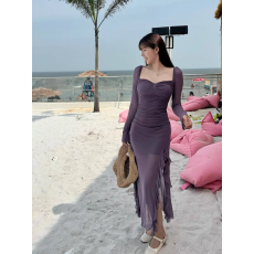 批发纯欲性感辣妹风荷叶边拼接连衣裙女心机显瘦收腰高开叉<b class='q'>长裙</b>