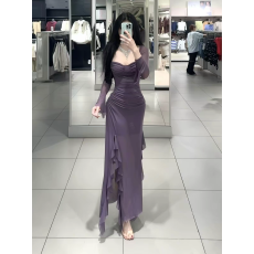 批发纯欲性感辣妹风荷叶边拼接连衣裙女心机显瘦收腰高开叉<b class='q'>长裙</b>