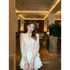 批发法式气质木耳边V领雪纺长袖<b class='q'>衬衫</b>女早秋新款独特别致收腰显瘦上衣