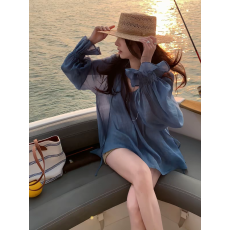 批发韩系复古蓝色V领系带<b class='q'>衬衫</b>女宽松慵懒<b class='q'>灯笼袖</b>薄款透气长袖防晒上衣
