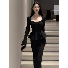 批发法式<b class='q'>包臀</b>收腰套装女鱼尾裙中长款两件套性感方领长袖荷叶边连衣裙
