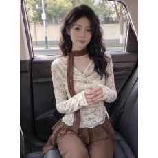 批发设计感不规则荡领晕染印花<b class='q'>长袖</b>T恤女秋褶皱修身显瘦蕾丝拼接上衣