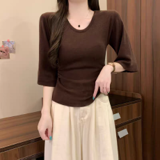 批发韩系简约好看七分喇叭袖圆领针织上衣女<b class='q'>秋</b>季新款通勤百搭打底衫潮