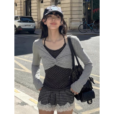 批发灰色纽结波点印花假两件长袖衫女2026秋季新款性感辣妹气质感<b class='q'>上衣</b>