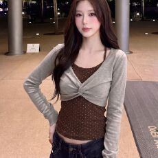 批发设计感辣妹假两件美式波点洋气长袖T恤拼接撞色修身显瘦<b class='q'>上衣</b>女装