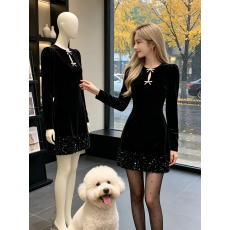 批发千金风黑色蝴蝶结连衣裙女2026秋冬新款高级感洋气收腰赫本风裙子