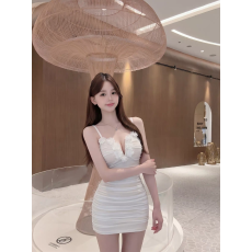 批发法式纯欲风白色吊带裙女内搭网纱拼接连衣裙V领性感夜场包臀短裙