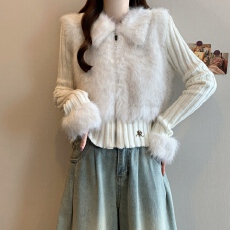 批发美式复古设计感拼接毛毛毛衣外套女秋冬新款修身上衣