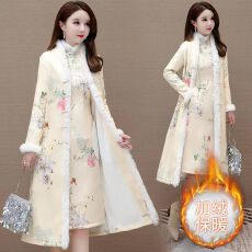 批发加厚加绒长款风衣旗袍外套<b class='q'>冬</b>季新款时尚改良年轻女士保暖外披外套