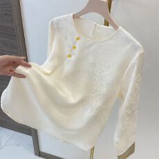 批发新中式长袖提花拼接显瘦上衣2026春季圆领复古气质女士打底衫