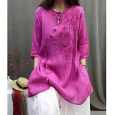 批发新中式国风刺绣棉麻衬衫女士夏季中年妈妈宽松休闲中长款上衣女