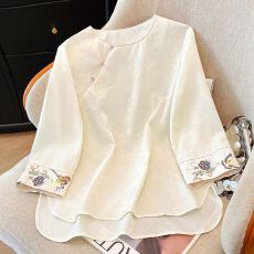 新中式内搭改良国风斜襟上衣七分袖提花刺绣女士衬衫气质宽松