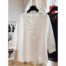 批发高级感棉麻重工刺绣七分袖衬衫女<b class='q'>夏</b>季薄款法式气质小衫超好看上衣