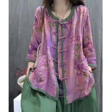 批发<b class='q'>夏</b>季新款文艺印花民族风设计复古盘扣拼色休闲百搭薄款防晒衬衫女