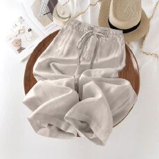 批发亚麻<b class='q'>大码</b>阔腿裤女抽绳松紧腰棉麻春夏<b class='q'>女装</b>长裤宽松棉麻垂感秋季