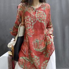 批发2026春季新款复古印花五分<b class='q'>袖</b>衬衫女宽松大码中长款V领<b class='q'>上衣</b>女