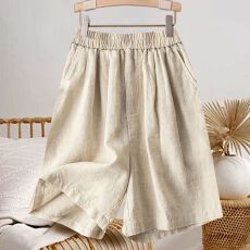批发棉麻<b class='q'>短裤</b>女2026夏季新款纯色复古松紧腰宽松<b class='q'>休闲</b>五分裤
