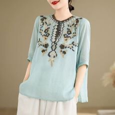 批发夏季新款民族风刺绣花纯苎麻衬衫女五分袖V领宽松显瘦薄款<b class='q'>套头衫</b>