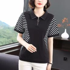 批发短袖t恤女2026<b class='q'>夏</b>季新款半袖大码宽松百搭体恤条纹POLO领上衣