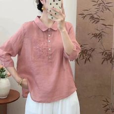 批发文艺刺绣七分袖衬衫女夏季<b class='q'>妈妈装</b>新款<b class='q'>上衣</b>气质百搭减龄翻领衬衣女