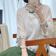 批发复古国风棉麻衬衫女中式立领撞色盘扣喇叭袖上衣绣花茶服夏季女装
