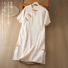 批发2026夏季新品棉麻短袖连衣裙麻棉砂洗撞色盘扣新中式<b class='q'>长裙</b>茶服袍子