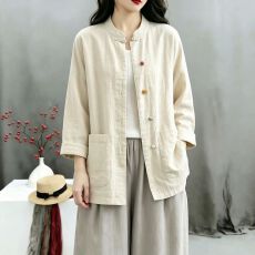 批发新中式复古拼色盘扣禅意太极服女国风宽松大码打坐素衣开衫外套潮
