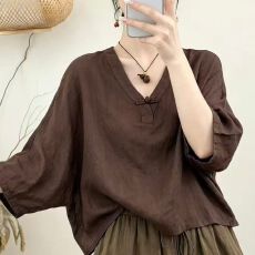 批发新中式盘扣<b class='q'>婴儿</b>棉上衣女早秋季V领七分袖宽松短款禅意茶服大码